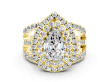 Yellow gold Double Halo Pear Cut Diamond Split Shank Pave Set Ring