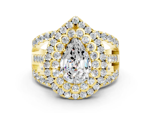 Yellow gold Pear Cut Moissanite Double Halo Ring with Round Pavé Split Shank and Prong Setting