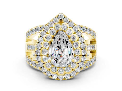 Yellow gold Double Halo Pear Cut Diamond Split Shank Pave Set Ring
