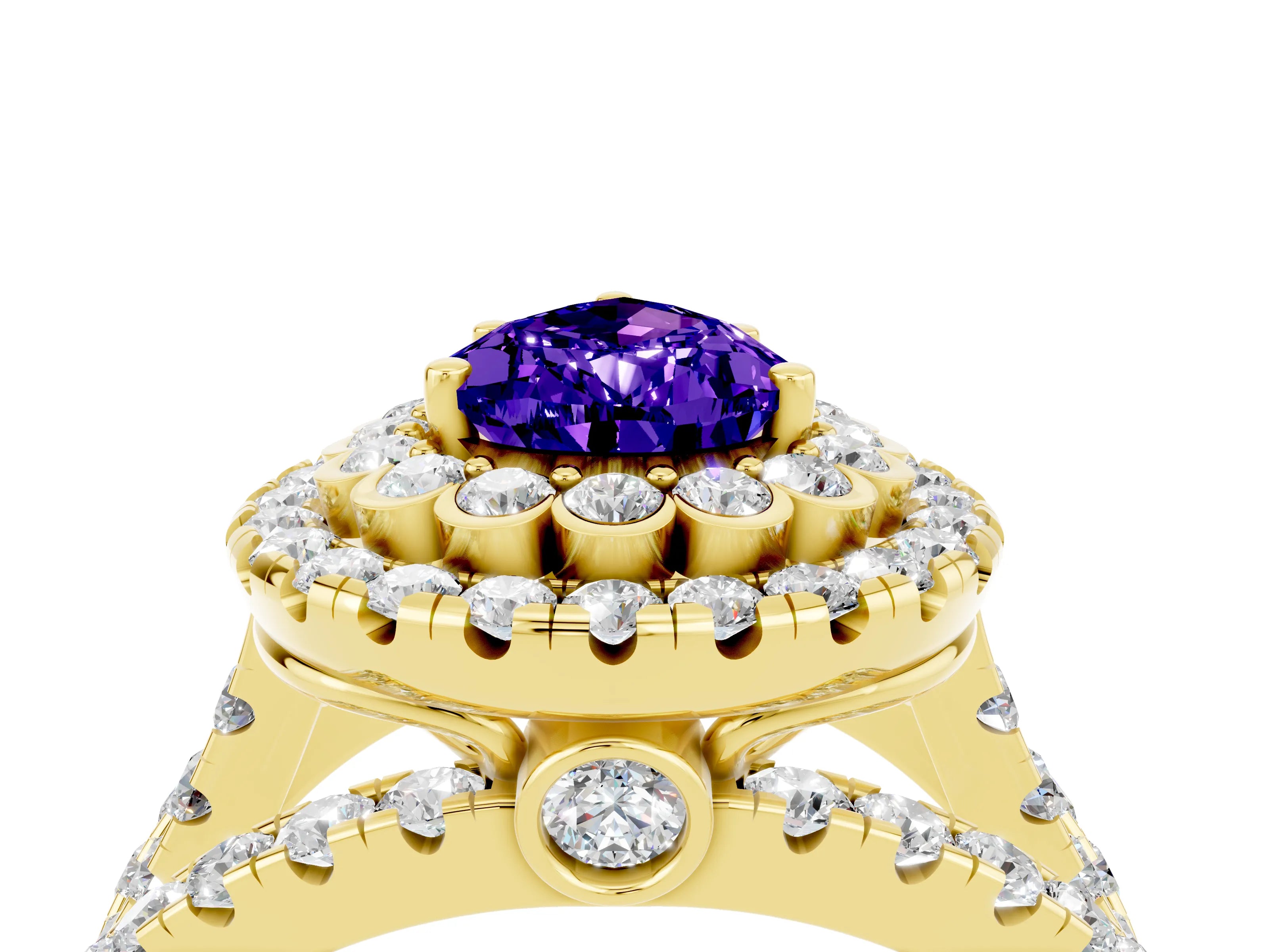 Yellow gold Double Halo Pear Cut Diamond Split Shank Pave Set Ring_4