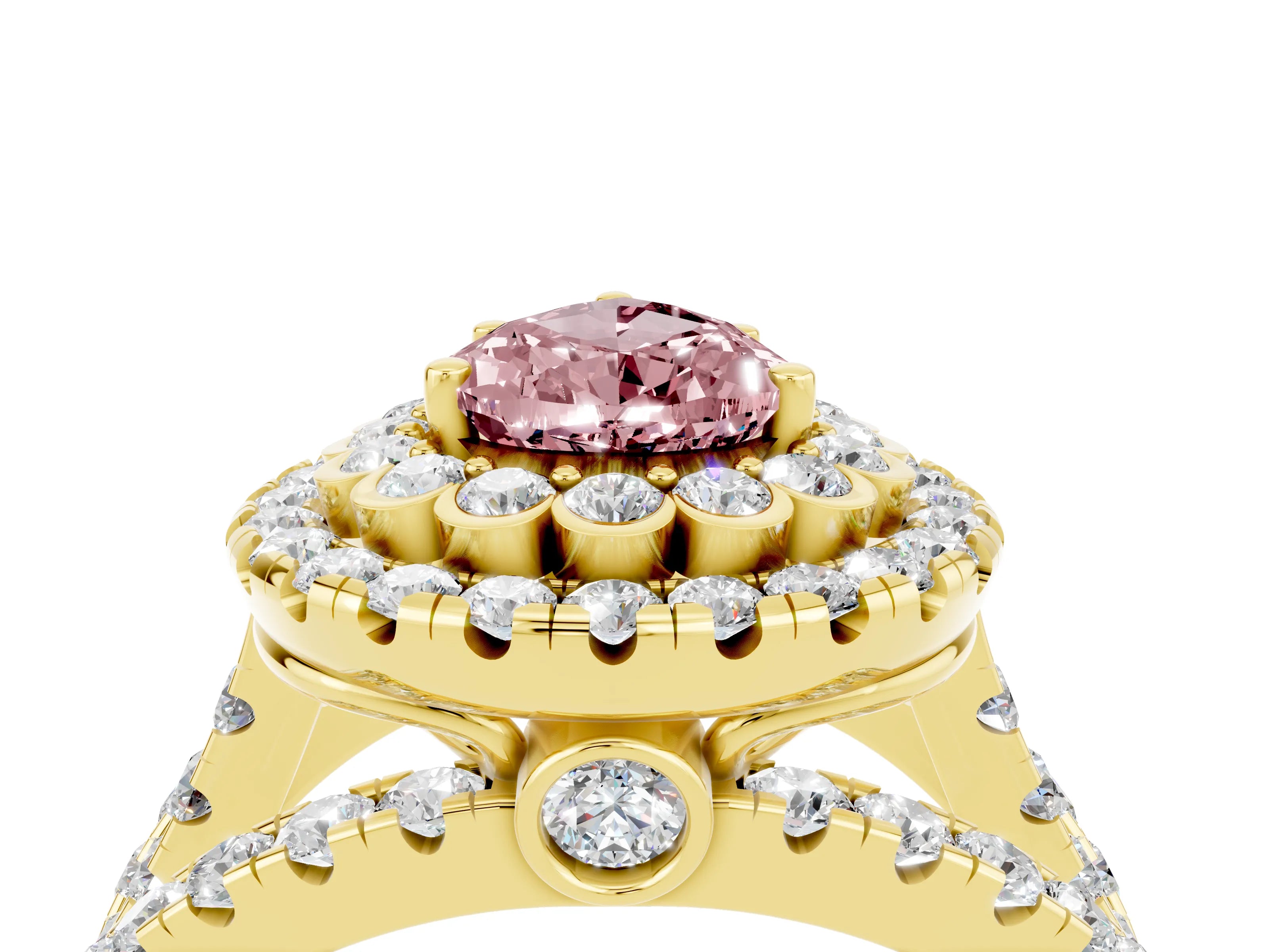 Yellow gold Double Halo Pear Cut Diamond Split Shank Pave Set Ring_4