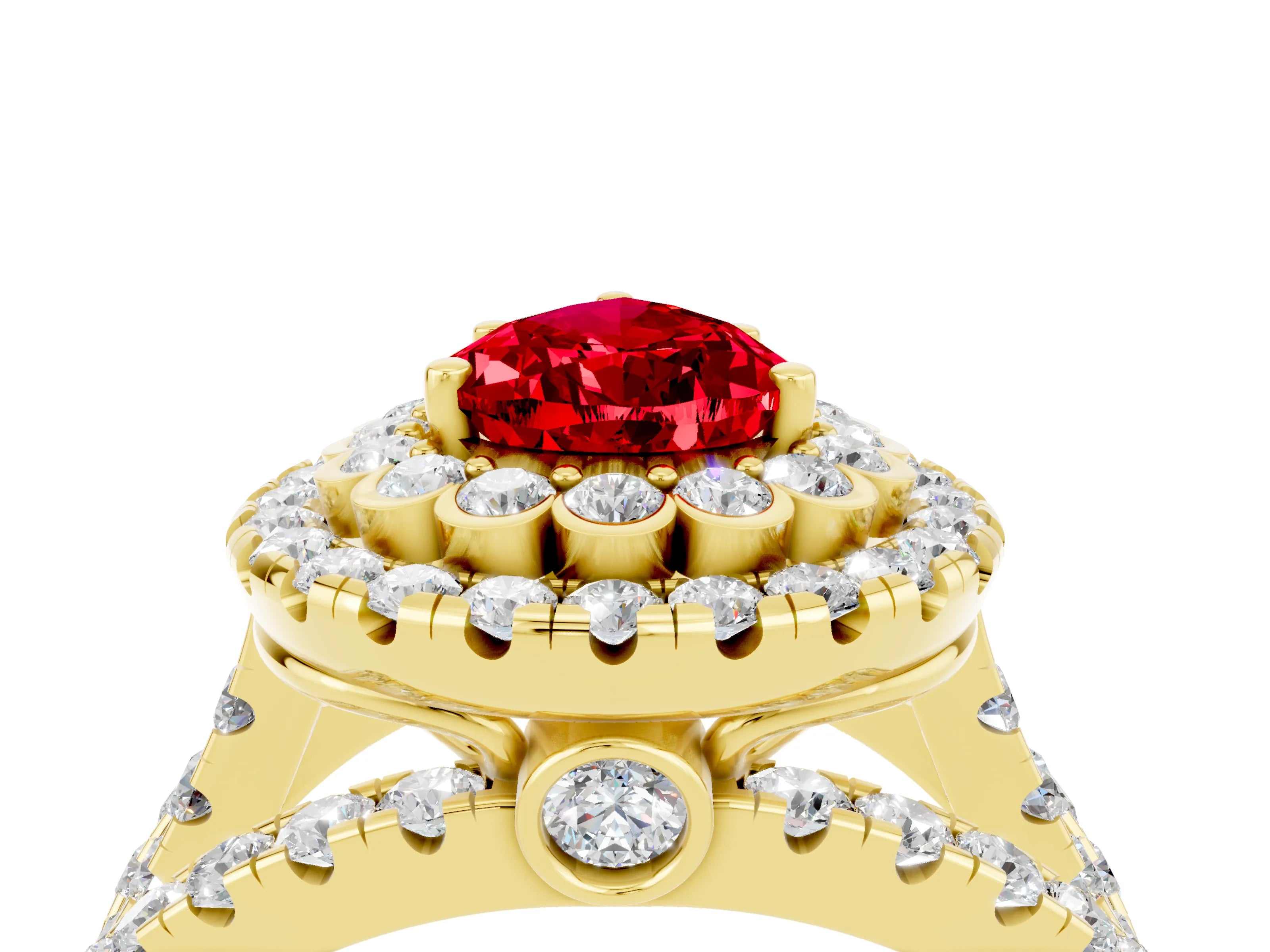 Yellow gold Double Halo Pear Cut Diamond Split Shank Pave Set Ring_4