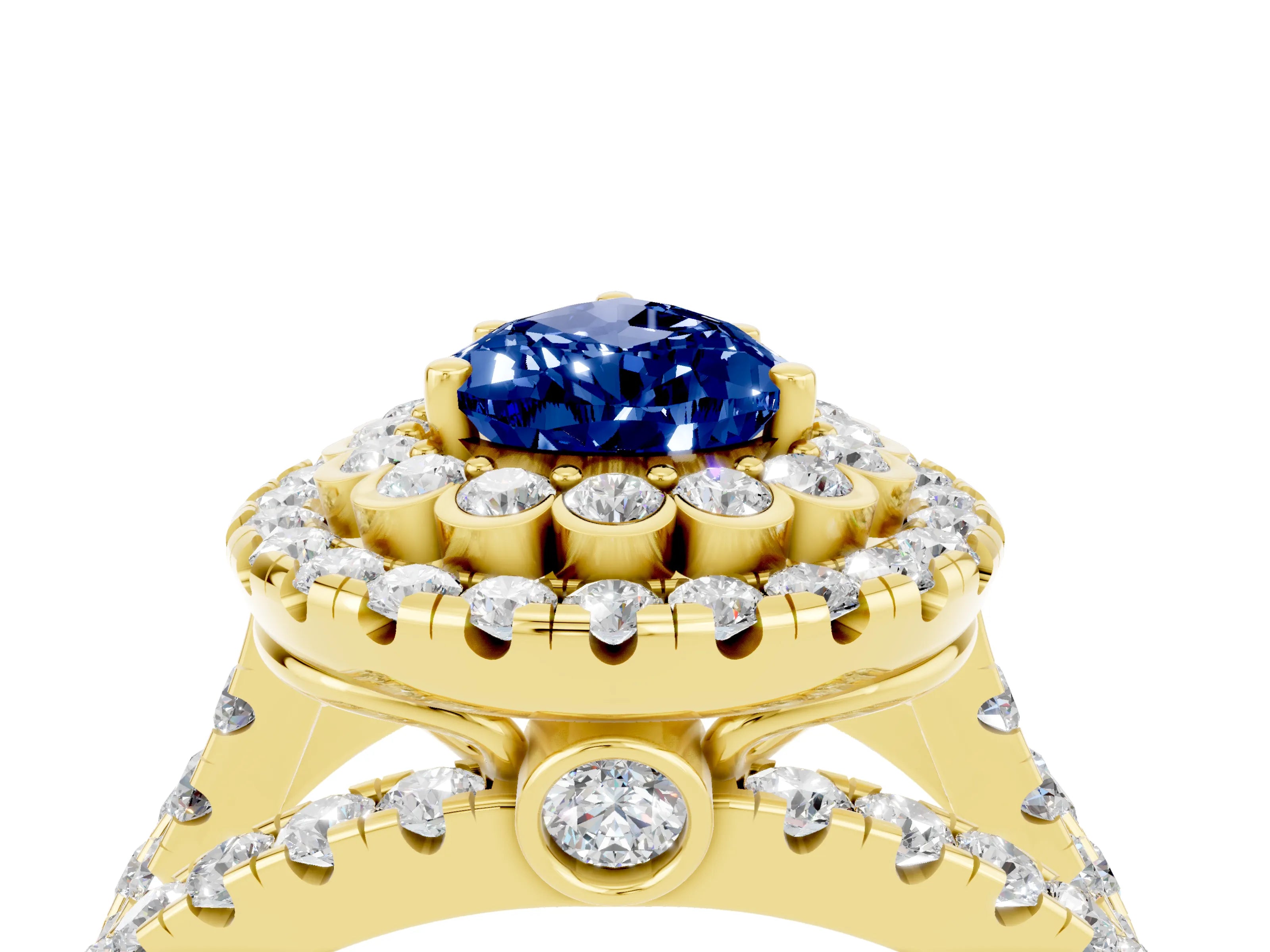 Yellow gold Double Halo Pear Cut Diamond Split Shank Pave Set Ring_4