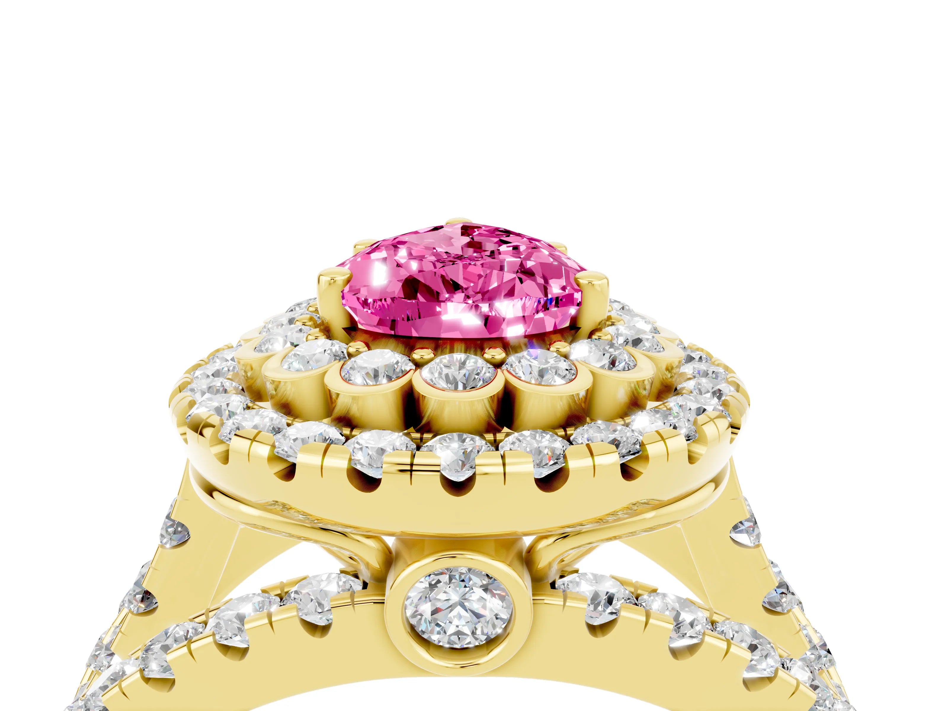 Yellow gold Double Halo Pear Cut Diamond Split Shank Pave Set Ring_4