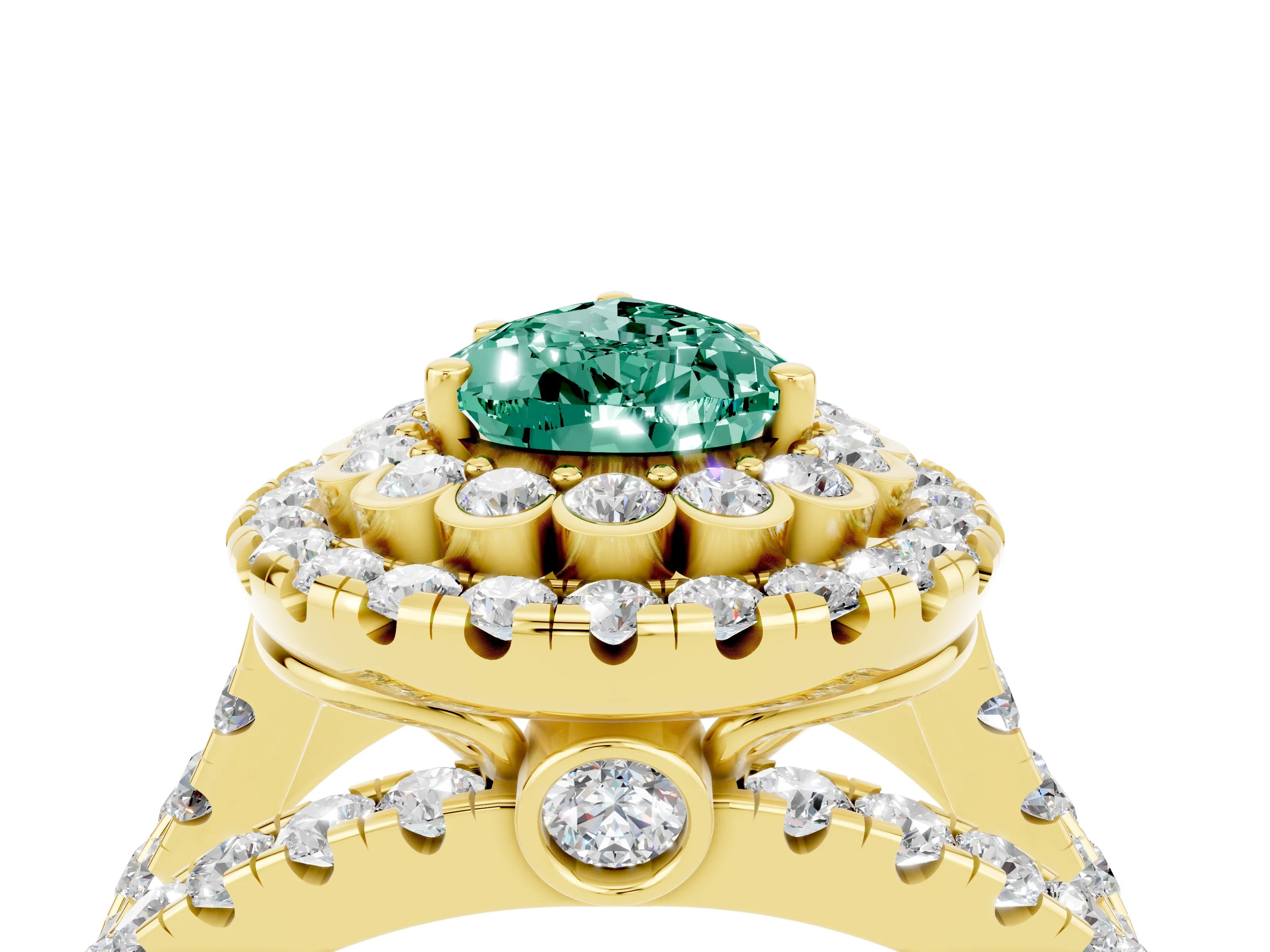 Yellow gold Double Halo Pear Cut Diamond Split Shank Pave Set Ring_4