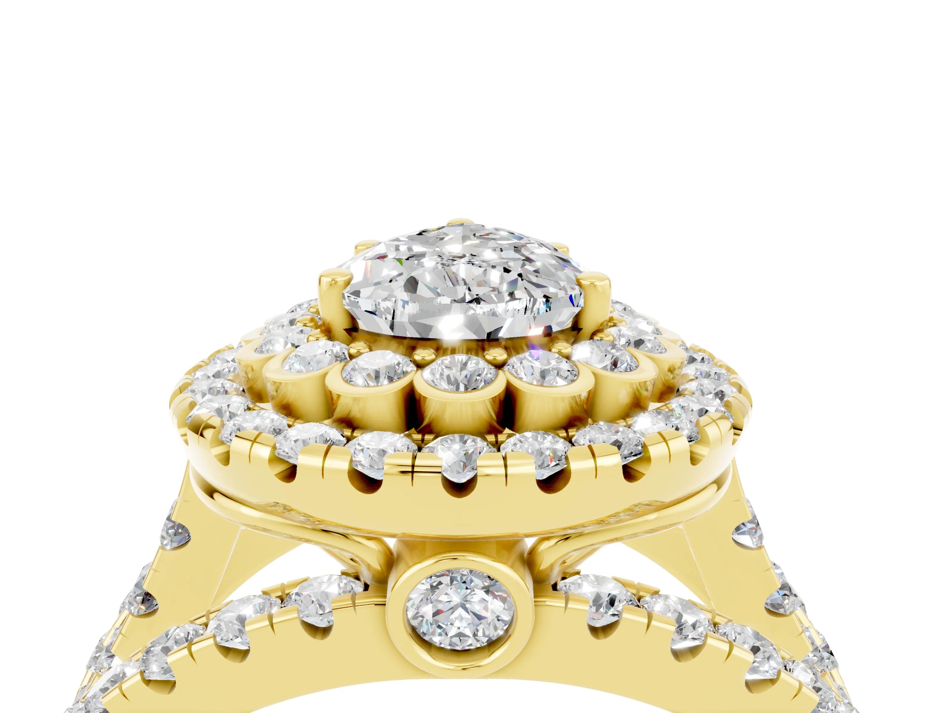 Yellow gold Double Halo Pear Cut Diamond Split Shank Pave Set Ring_4