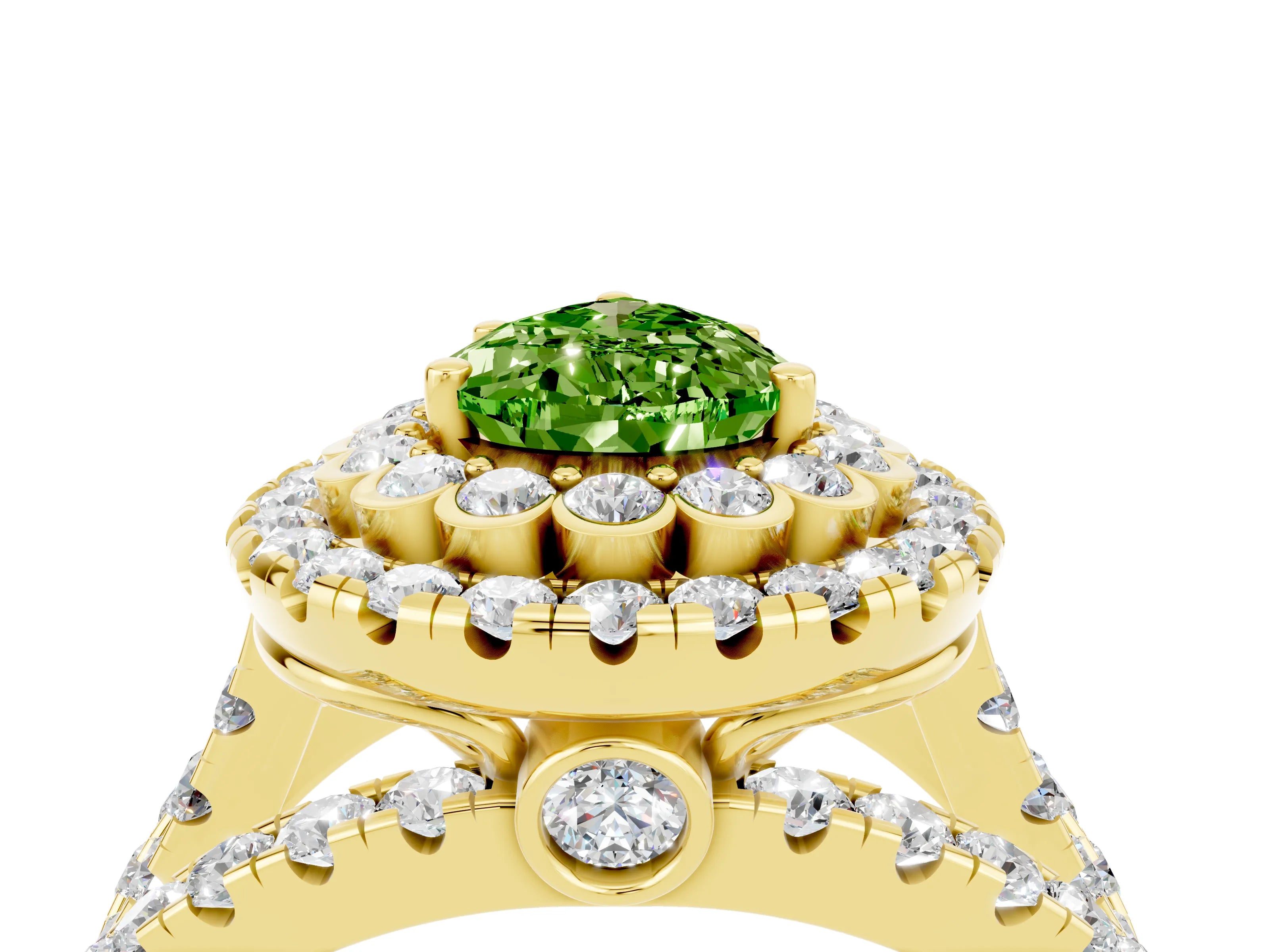Yellow gold Double Halo Pear Cut Diamond Split Shank Pave Set Ring_4