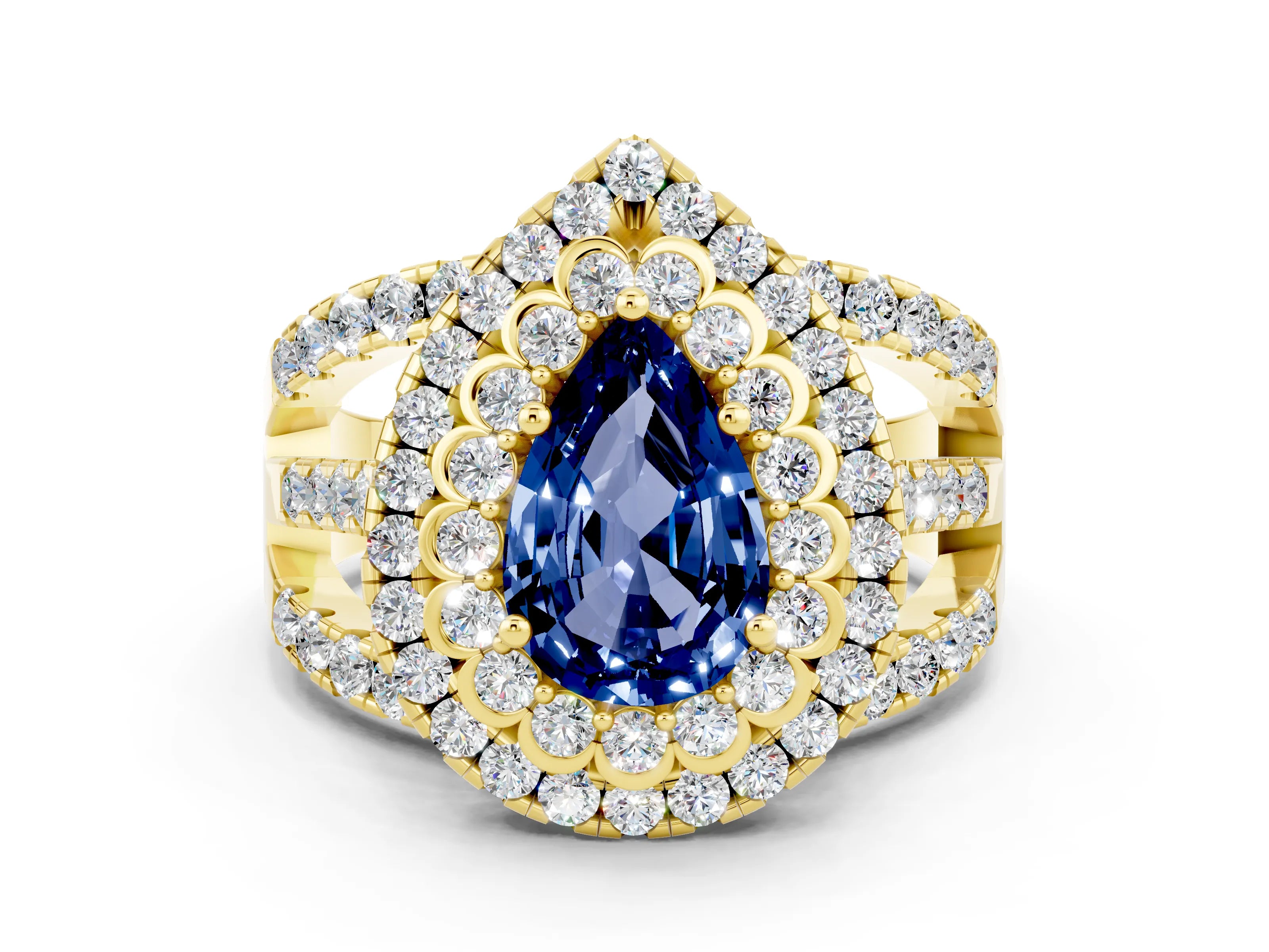 Yellow gold Double Halo Pear Cut Diamond Split Shank Pave Set Ring