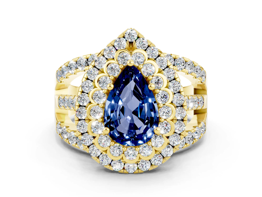 Yellow gold Double Halo Pear Cut Diamond Split Shank Pave Set Ring