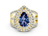 Yellow gold Double Halo Pear Cut Diamond Split Shank Pave Set Ring