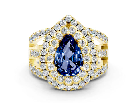 Yellow gold Double Halo Pear Cut Diamond Split Shank Pave Set Ring