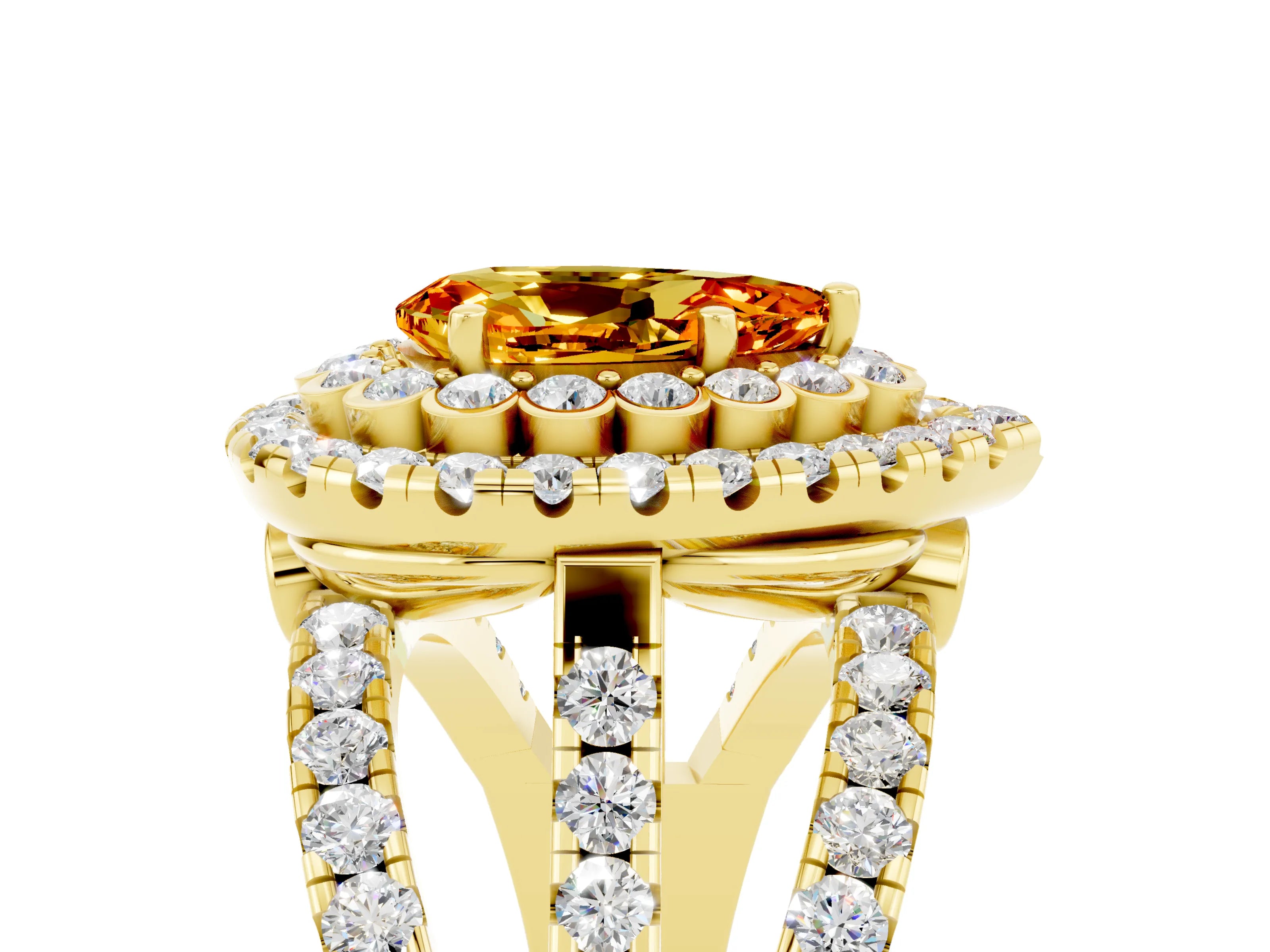 Yellow gold Double Halo Pear Cut Diamond Split Shank Pave Set Ring_5
