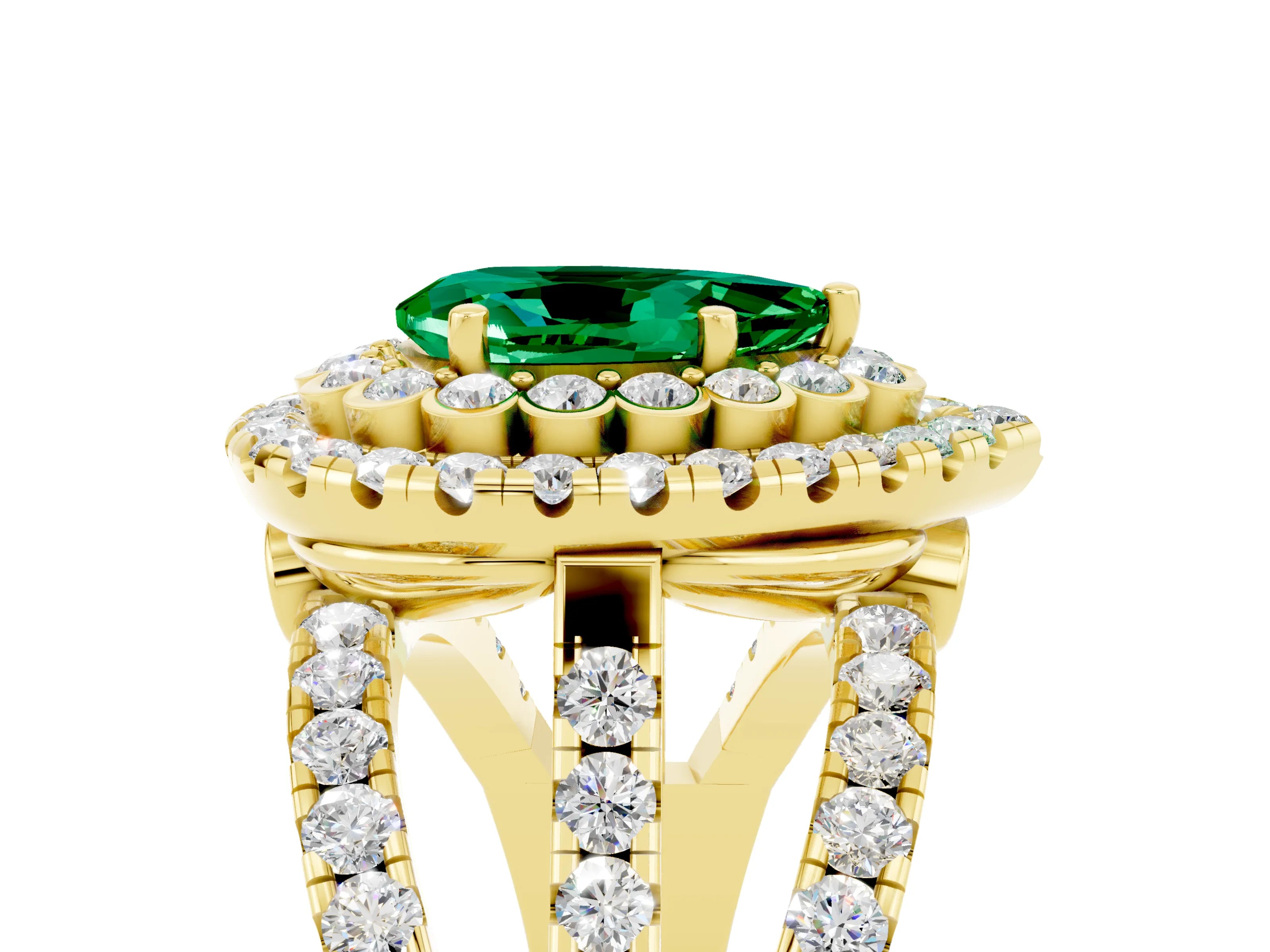 Yellow gold Double Halo Pear Cut Diamond Split Shank Pave Set Ring_5