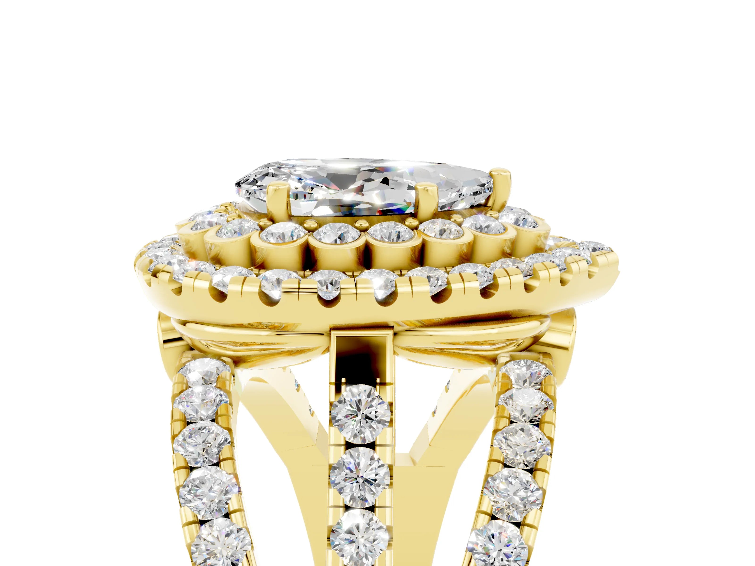Yellow gold Double Halo Pear Cut Diamond Split Shank Pave Set Ring_5