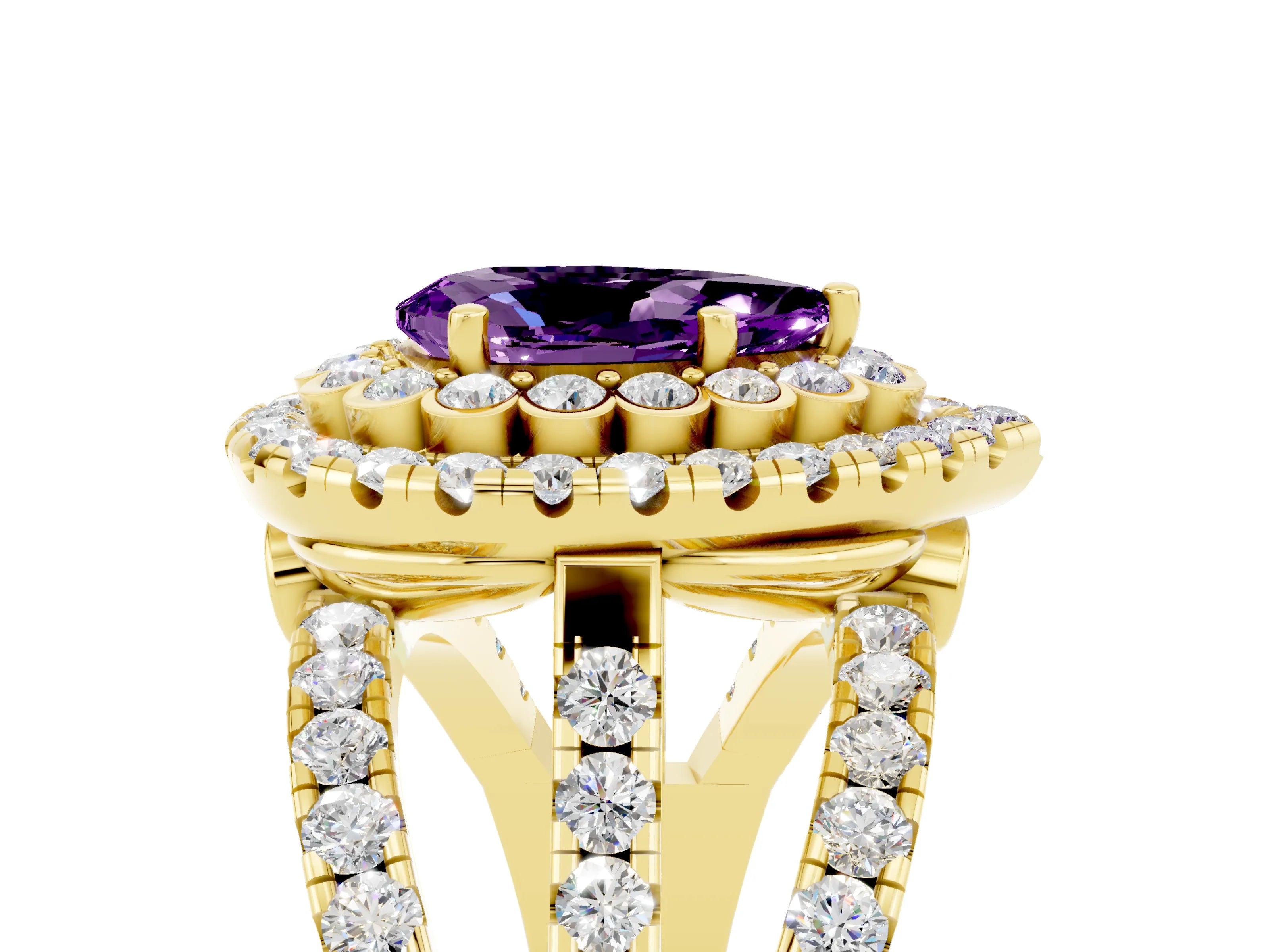 Yellow gold Double Halo Pear Cut Diamond Split Shank Pave Set Ring_5