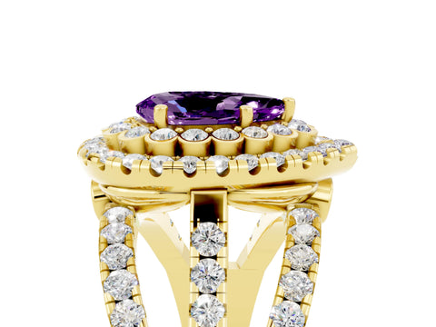 Yellow gold Double Halo Pear Cut Diamond Split Shank Pave Set Ring_5