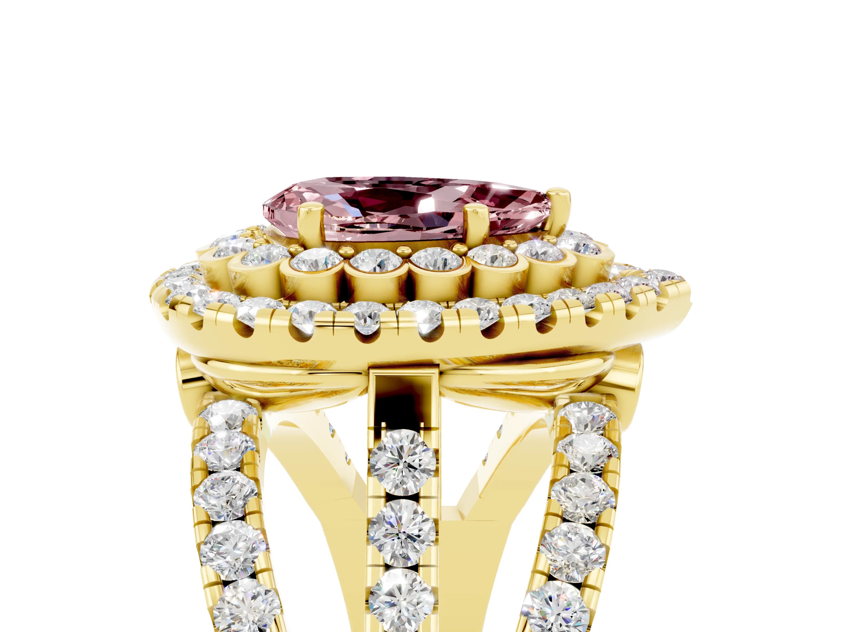 Yellow gold Double Halo Pear Cut Diamond Split Shank Pave Set Ring_5