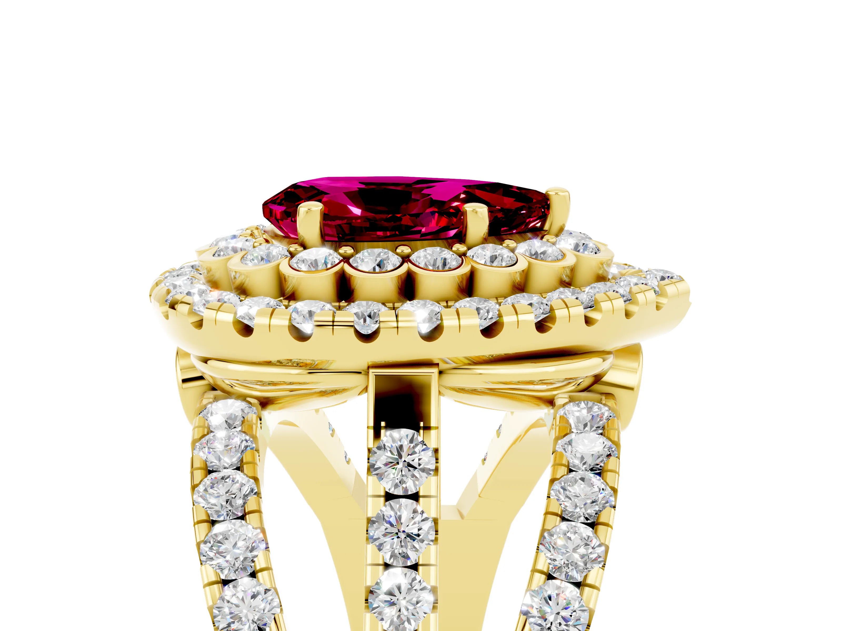 Yellow gold Double Halo Pear Cut Diamond Split Shank Pave Set Ring_5