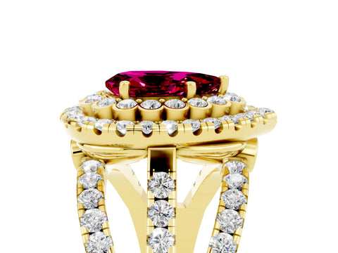 Yellow gold Double Halo Pear Cut Diamond Split Shank Pave Set Ring_5