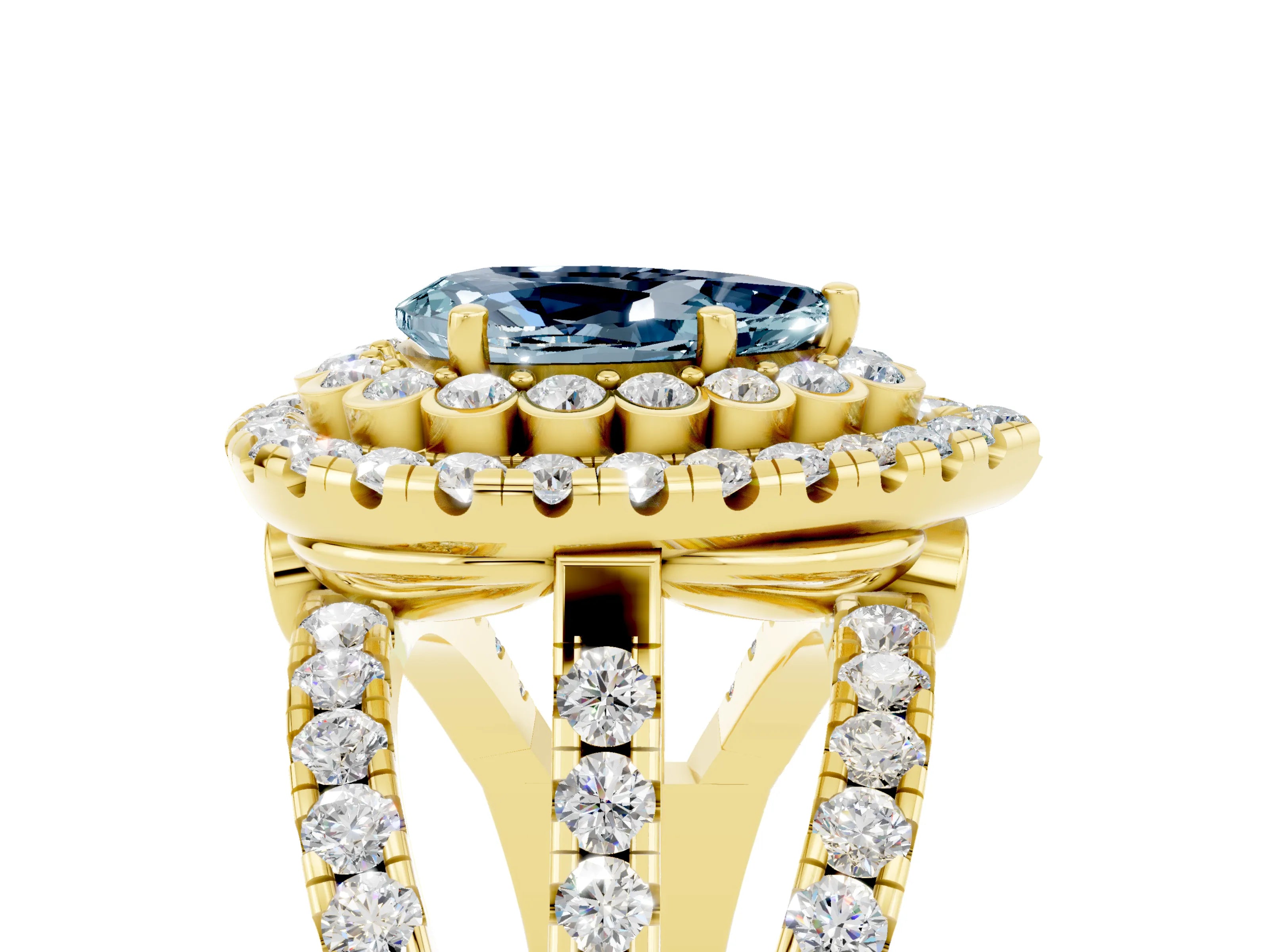 Yellow gold Double Halo Pear Cut Diamond Split Shank Pave Set Ring_5