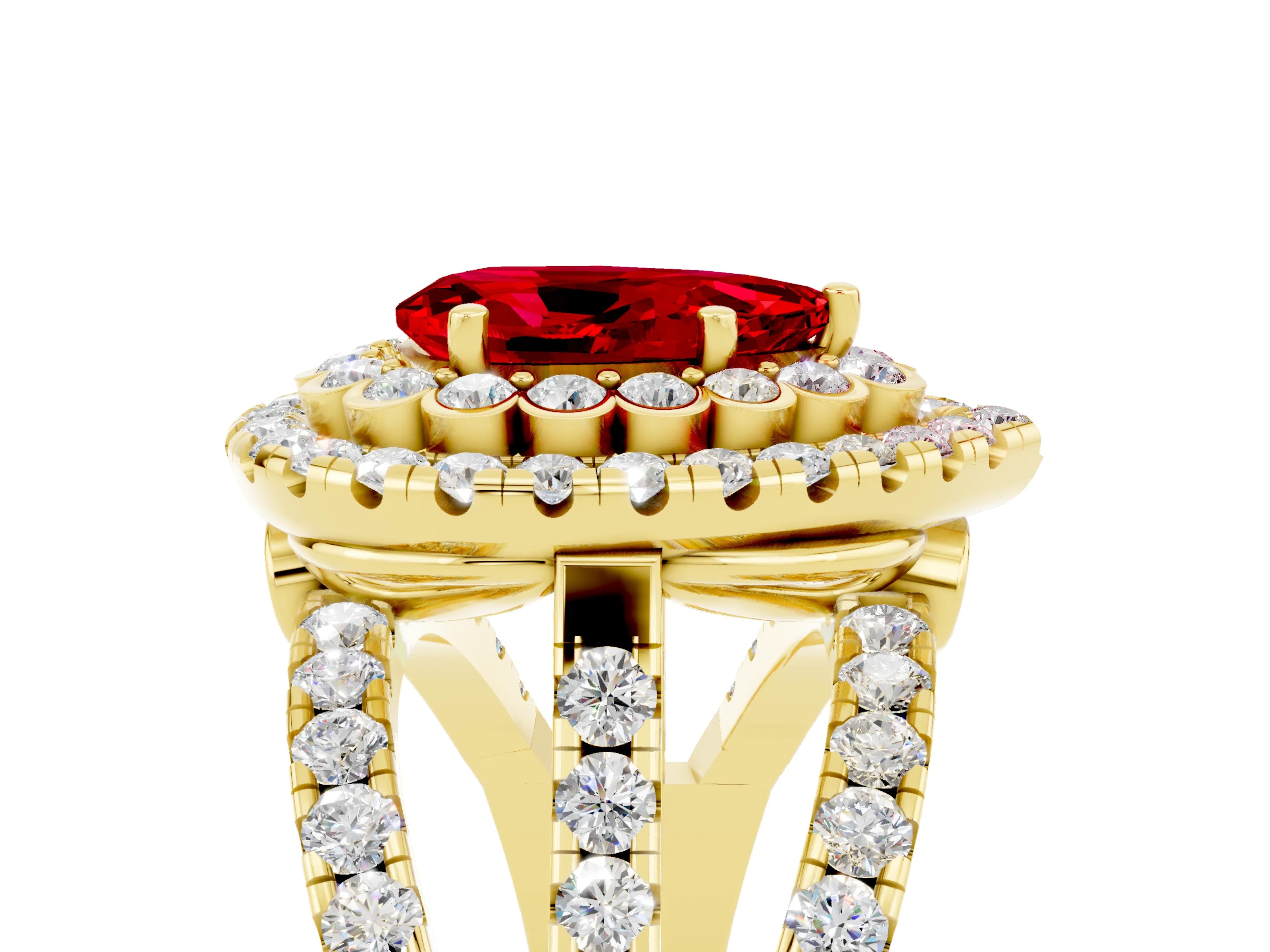 Yellow gold Double Halo Pear Cut Diamond Split Shank Pave Set Ring_5