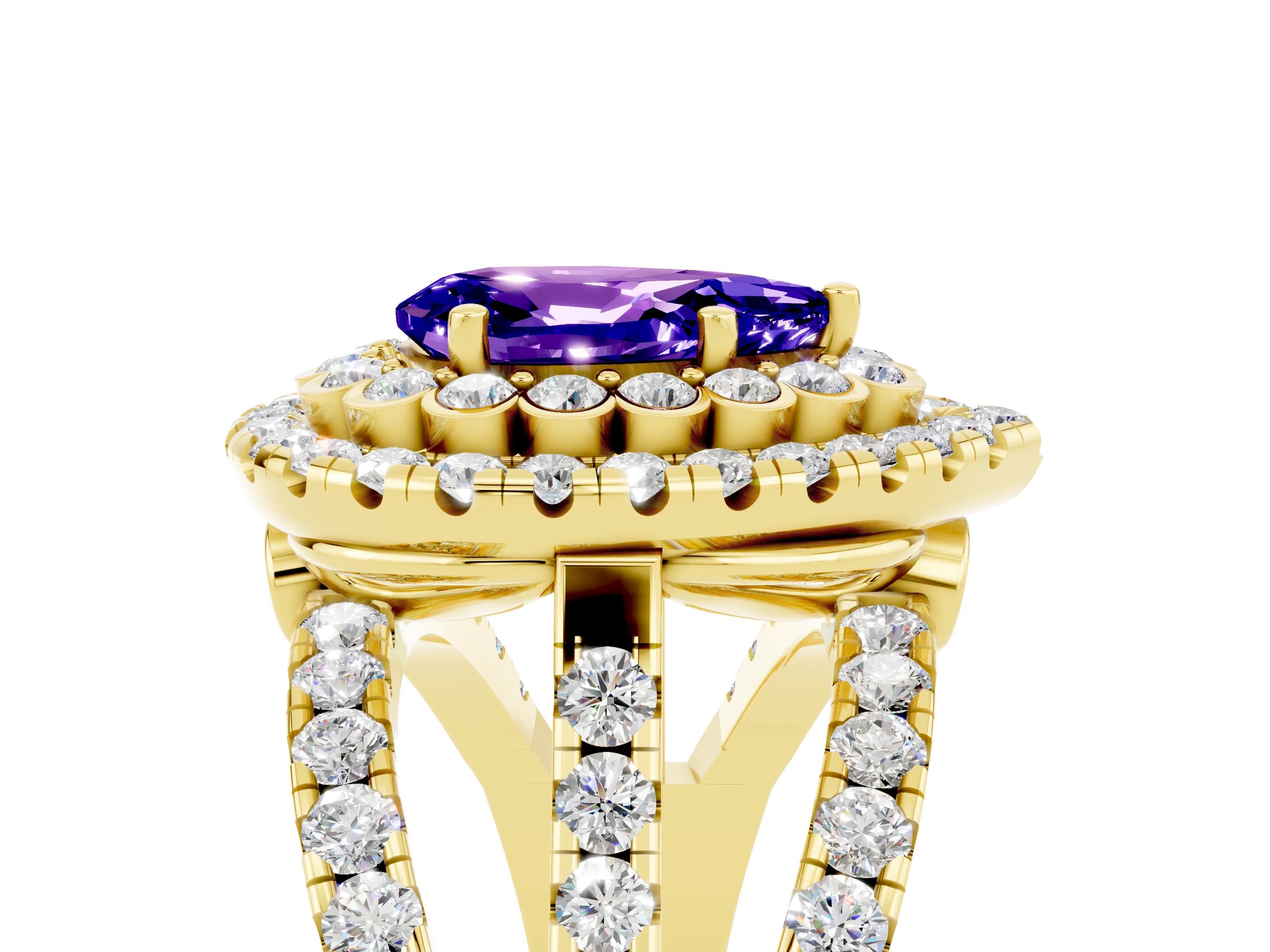 Yellow gold Double Halo Pear Cut Diamond Split Shank Pave Set Ring_5