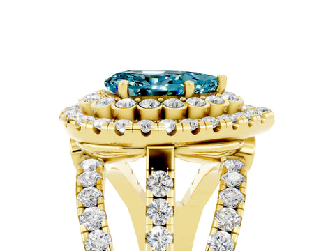 Yellow gold Double Halo Pear Cut Diamond Split Shank Pave Set Ring_5