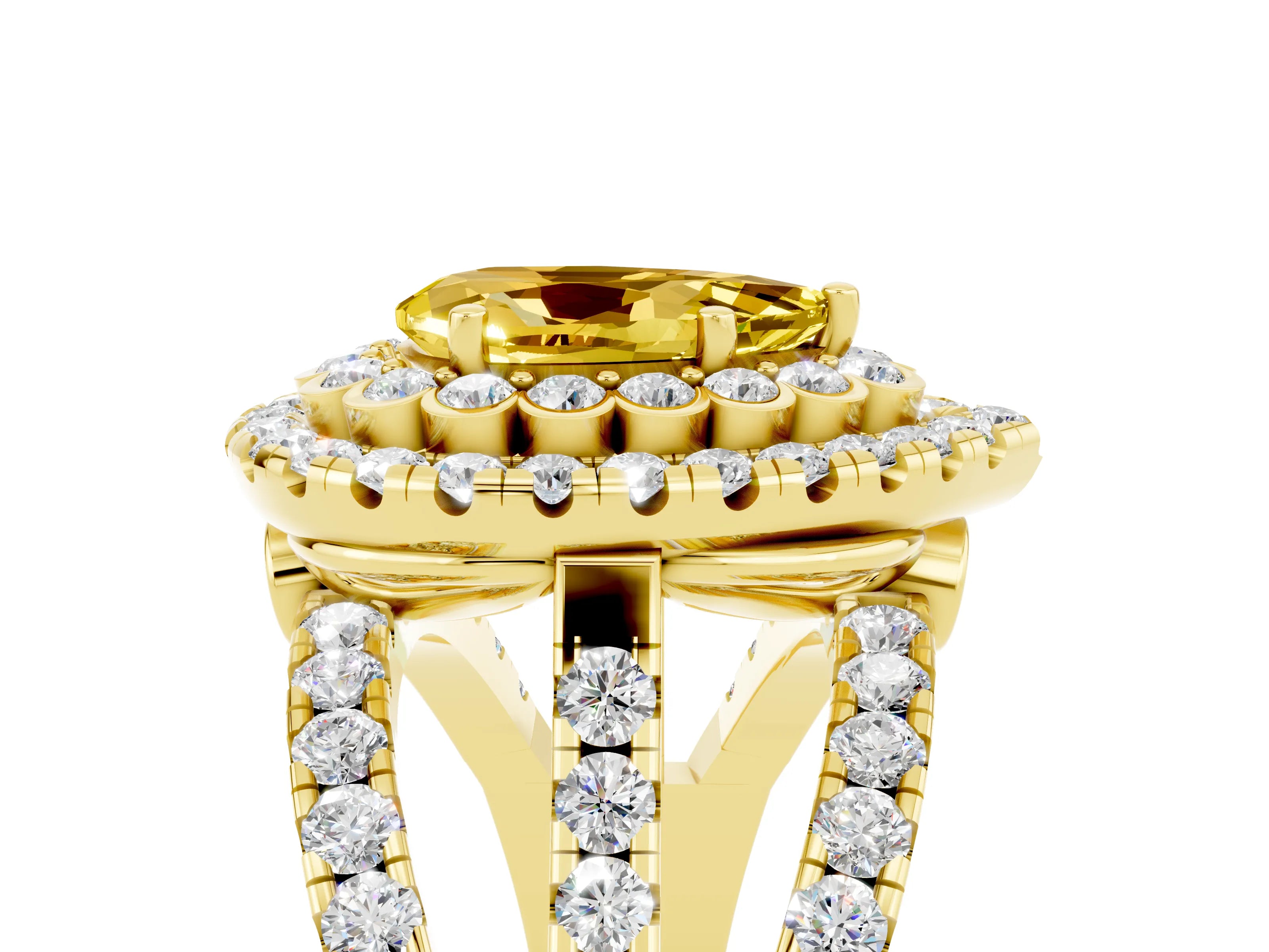 Yellow gold Double Halo Pear Cut Diamond Split Shank Pave Set Ring_5