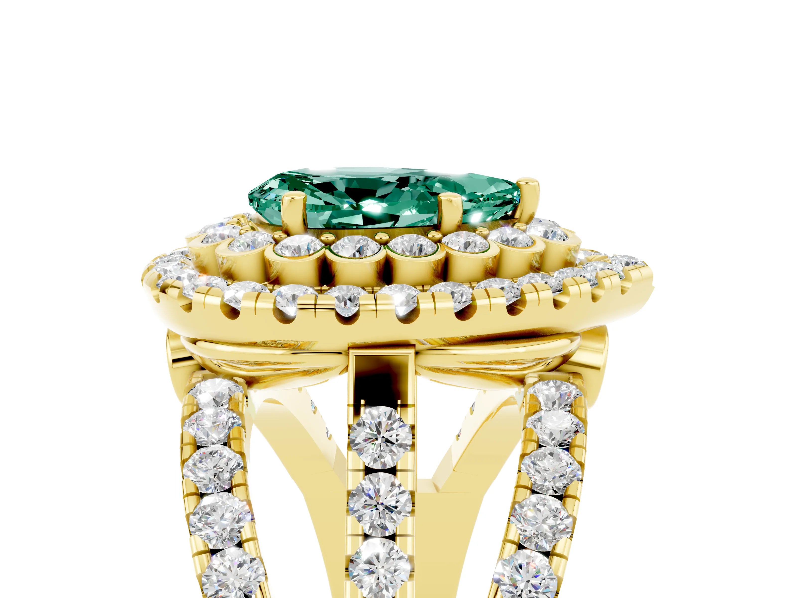Yellow gold Double Halo Pear Cut Diamond Split Shank Pave Set Ring_5