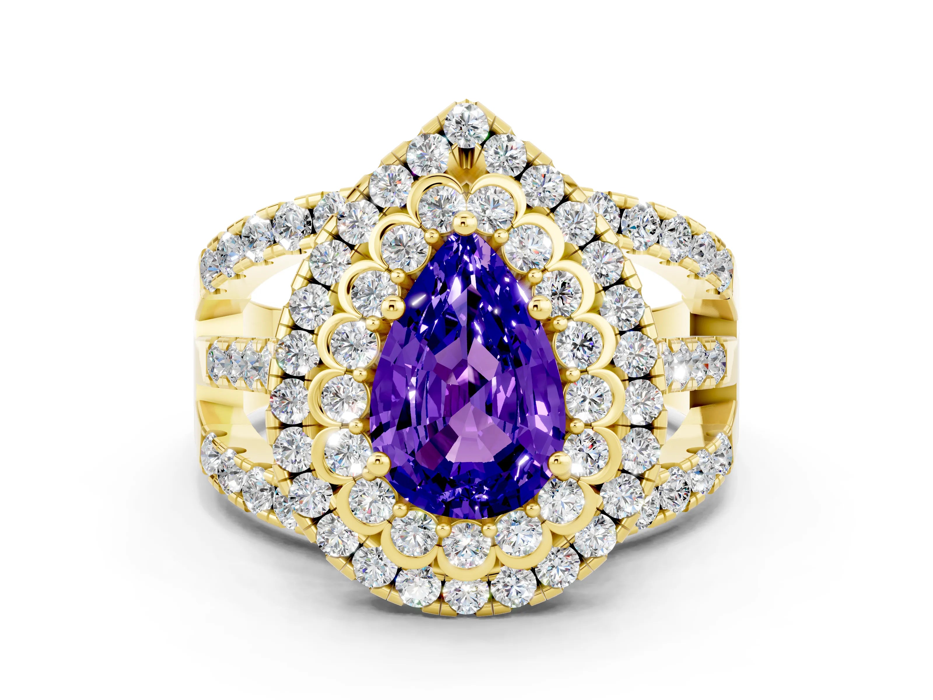 Yellow gold Double Halo Pear Cut Diamond Split Shank Pave Set Ring