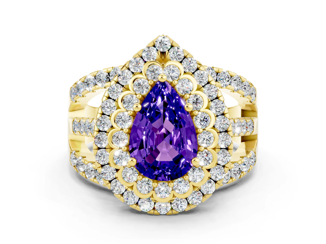 Yellow gold Double Halo Pear Cut Diamond Split Shank Pave Set Ring