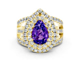 Yellow gold Double Halo Pear Cut Diamond Split Shank Pave Set Ring