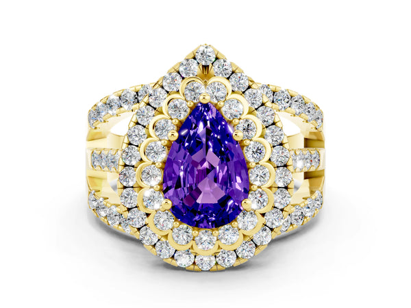 Yellow gold Pear Cut Tanzanite Double Halo Ring with Round Pavé Split Shank and Prong Setting