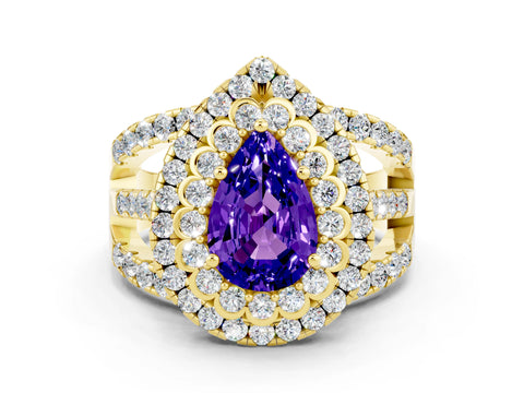 Yellow gold Double Halo Pear Cut Diamond Split Shank Pave Set Ring