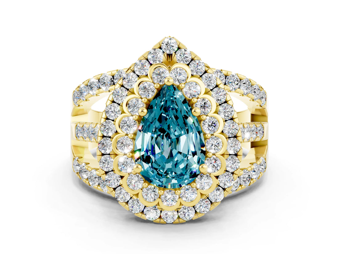 Yellow gold Double Halo Pear Cut Diamond Split Shank Pave Set Ring