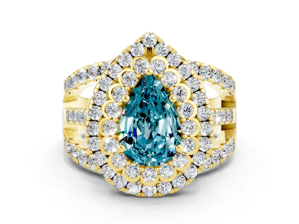 Yellow gold Double Halo Pear Cut Diamond Split Shank Pave Set Ring
