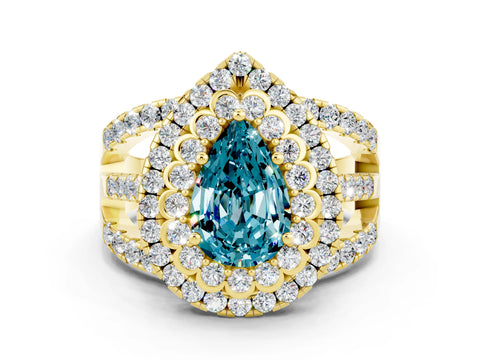 Yellow gold Double Halo Pear Cut Diamond Split Shank Pave Set Ring