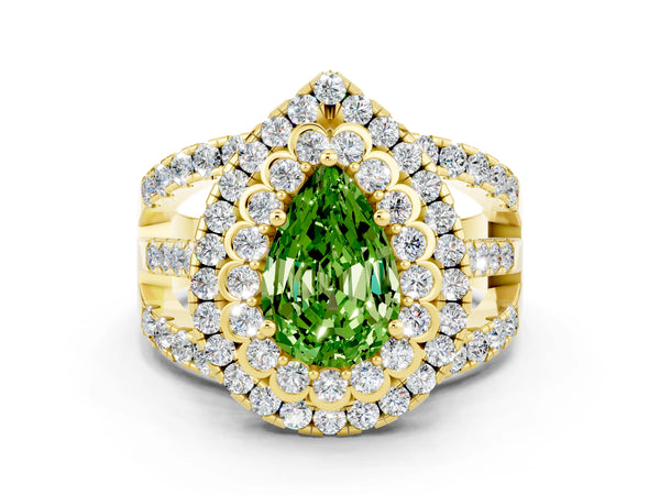 Yellow gold Double Halo Pear Cut Diamond Split Shank Pave Set Ring