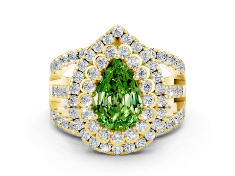 Yellow gold Double Halo Pear Cut Diamond Split Shank Pave Set Ring