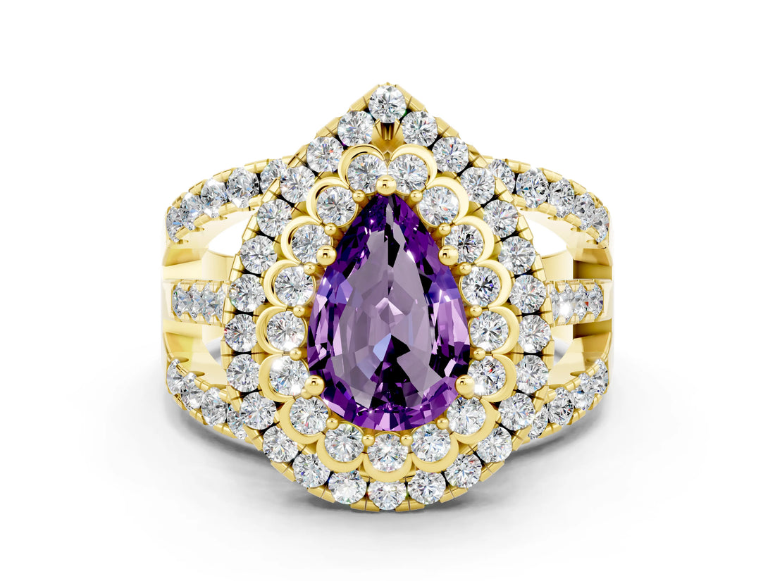 Yellow gold Double Halo Pear Cut Diamond Split Shank Pave Set Ring