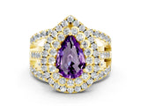 Yellow gold Double Halo Pear Cut Diamond Split Shank Pave Set Ring