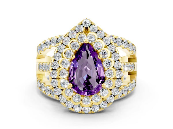 Yellow gold Pear Cut Amethyst Double Halo Ring with Round Pavé Split Shank and Prong Setting