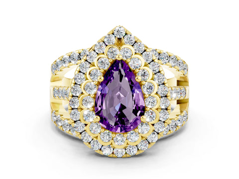 Yellow gold Double Halo Pear Cut Diamond Split Shank Pave Set Ring