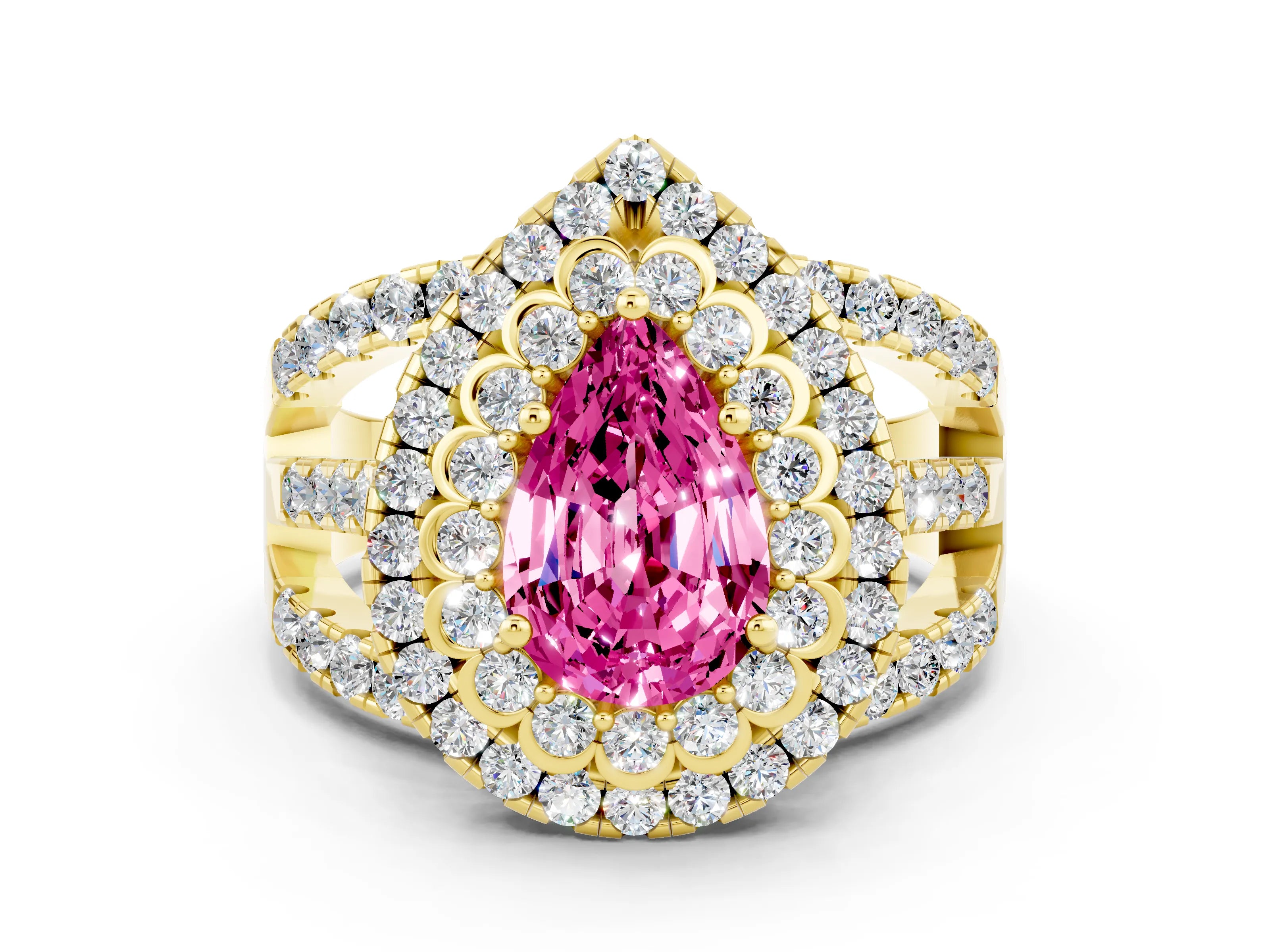 Yellow gold Double Halo Pear Cut Diamond Split Shank Pave Set Ring