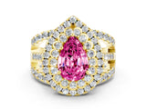 Yellow gold Double Halo Pear Cut Diamond Split Shank Pave Set Ring