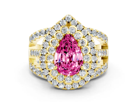Yellow gold Double Halo Pear Cut Diamond Split Shank Pave Set Ring