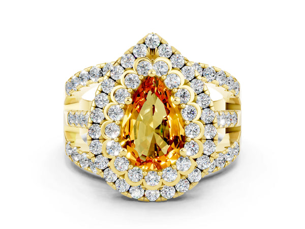 Yellow gold Pear Cut Citrine Double Halo Ring with Round Pavé Split Shank and Prong Setting