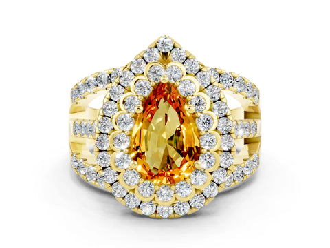 Yellow gold Double Halo Pear Cut Diamond Split Shank Pave Set Ring