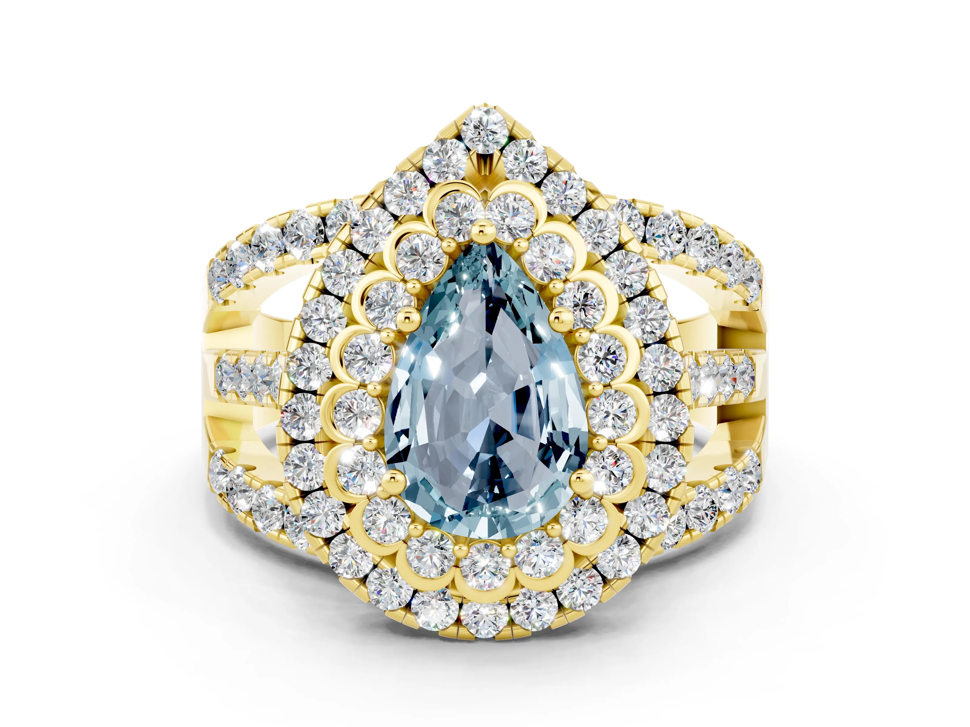 Yellow gold Double Halo Pear Cut Diamond Split Shank Pave Set Ring