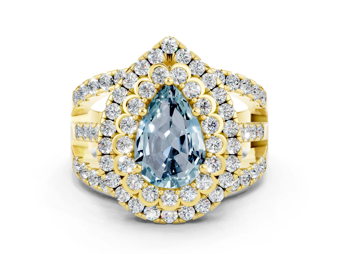Yellow gold Double Halo Pear Cut Diamond Split Shank Pave Set Ring